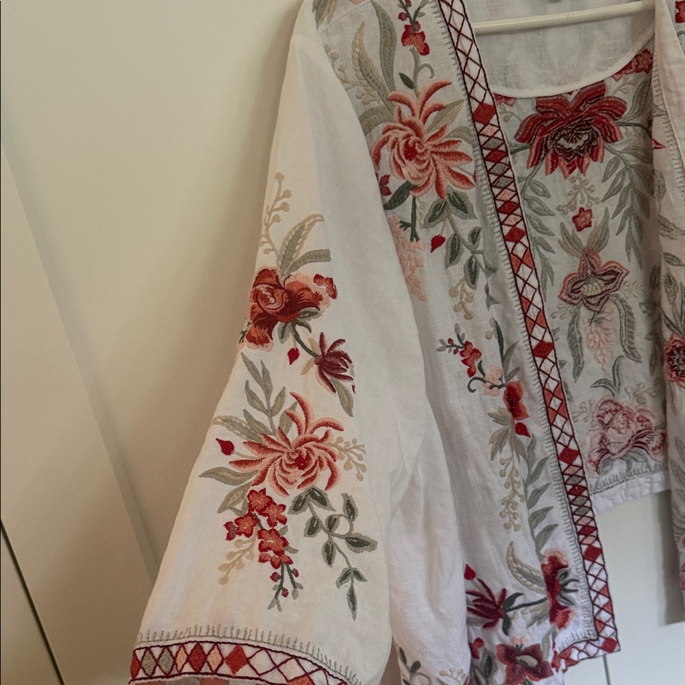 Johnny Was Linen Kimono with Red Floral Embroidery - Picture 3 of 4